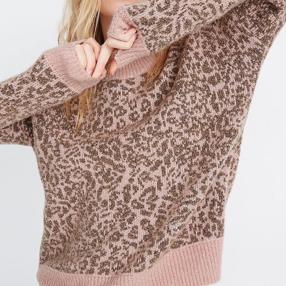 Madewell fuzzy leopard print pink and brown sweater